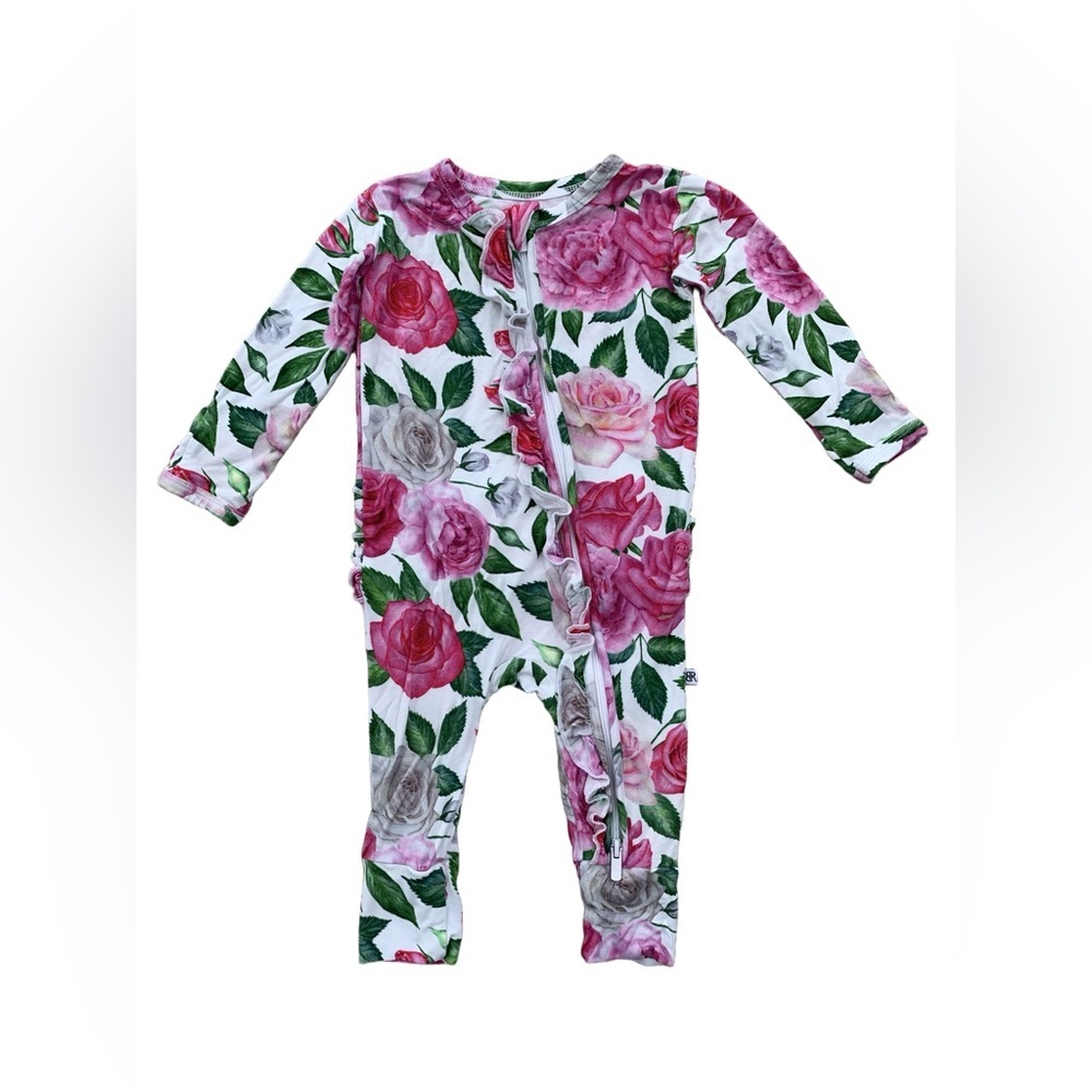Bums & Roses Size 3-6 Months Rose Floral Print Bamboo Ruffle One Piece Romper